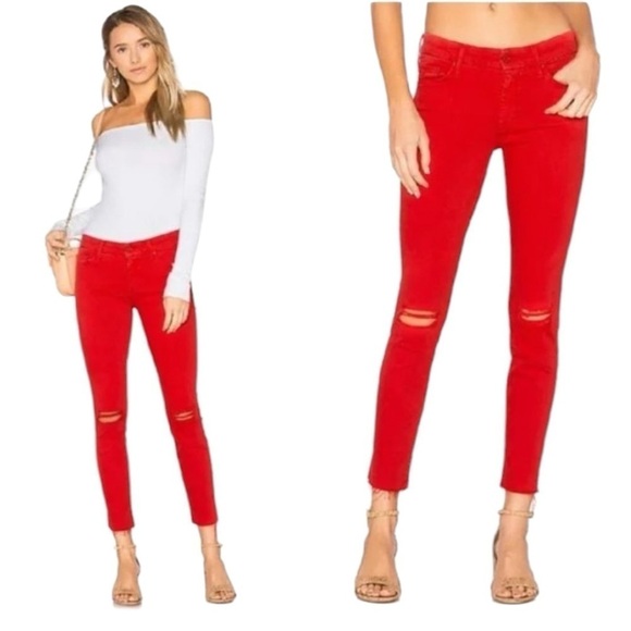 MOTHER Looker Ankle Fray Jeans Firecracker Red Distressed Women’s Size 26 - Picture 14 of 14